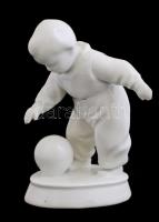 Zsolnay porcelán fiú labdával, fehér mázas, jelzett, tűzrepedéssel, m: 11 cm