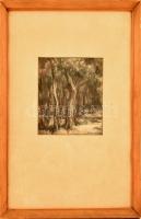 Sárkány Lóránd (1904-1973): Erdei részlet. Kréta, papír, jelzett. Üvegezett fa keretben. 17x17 cm