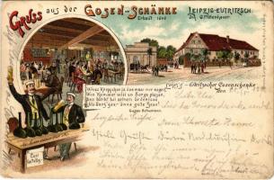 1895 (Vorläufer) Leipzig, Eutritzscher Gosenschenke, Gruss aus der Gosen-Schänke. Inh. G. Pfotenhauer / beer hall interior. Art Nouveau, floral, litho (EK)