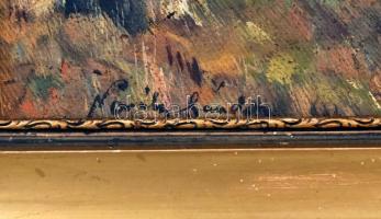 Novák Sándor jelzéssel: Erdei út. Olaj, vászon, kartonra kasírozva. Dekoratív, kissé sérült fa keret...