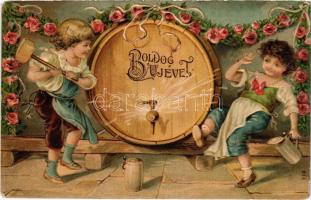 1907 Boldog Új Évet! Gyerekek sörös hordóval / New Year greeting, children with beer barrel. Emb. litho (EK)