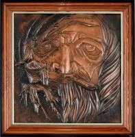 4 évszakot ábrázoló 4 db réz dombormű, jelzés nélkül, fa keretben, egyenként 27x27 cm