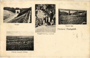 1913 Abaliget, vasúti alagút és híd, Cseppkő-barlang bejárata. Abonyi Vilmos kiadása (EK)