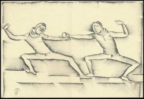 Molnár C. Pál (1894-1981): Vívók. Kis szériás ofszet, papír, 20x28 cm