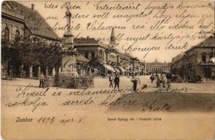 1906 Zombor, Sombor; Szent György tér, Kossuth utca, piaci árusok, Schön Adolf üzlete, bank / square, street view, market vendors, shops, bank (kis szakadás / small tear)