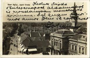 1931 Óbecse, Stari Becej; Izgled Grada / látkép, utca, automobil, Doroslovacki üzlete. Lévai Jenő kaidása / general view, shops, automobile