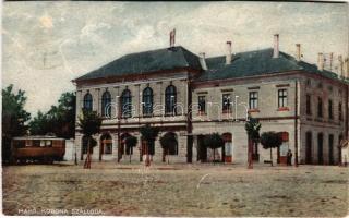 Makó, Korona szálló, autóbusz, Népbank részvénytársaság (vágott / cut)