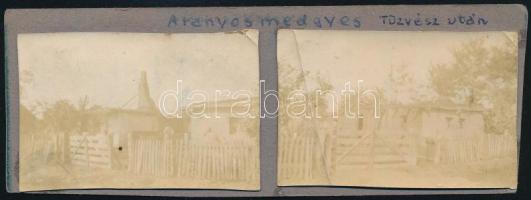 cca 1930 Aranyosmedgyes, tűzvész után, 2 db fotó, kartonra ragasztva, 4x6,5 cm