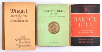 Lichtenberg Emil: Mozart élete és művei. Bp.,1943, Rózsavölgyi és Társa. Kiadói félvászon kötésben. + Demény János (szerk.): Bartók Béla levelei. Magyar, román, szlovák dokumentumok. Bp., 1955, Zeneműkiadó. Kiadói félvászon kötésben, kiadói enyhén kopottas papír borításban. + Demény János (szerk.): Bartók Béla levelek, fényképek, kéziratok, kották. Bp., 1948, Magyar Művészeti Tanács. Kiadói papír kötésben, kiadói papír borításban.