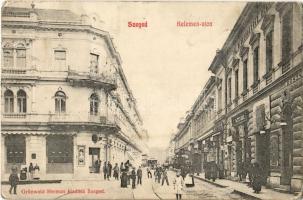 Szeged, Kelemen utca, Ifj. Haggenmacher, Pajtits János üzlete, lóvasút. Grünwald Herman kiadása (Rb)