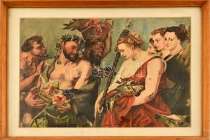 Tombor (?) 1938 jelzéssel: Bacchus és hölgyek. Akvarell, papír. Üvegezett fa keretben. 29x43 cm.