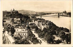 1949 Budapest I. Dunai látkép, Lánchíd, Tabán, Döbrentei tér, Királyi vár, villamos