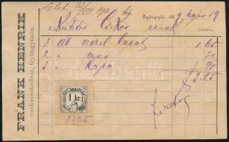 1889 Frank Henrik gyöngyösi vaskereskedésének számlája bélyeggel