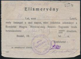 1940 Brassó, A Romániai Magyar Népközösség Brassói Tagozata által kiállított elismervény