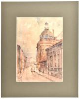 Szladovits Vilmos (?-?): Pécs belvárosi utcán. Akvarell, ceruza, papír, paszpartuban, 28×20 cm