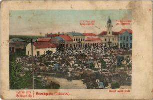 Storozhynets, Storoschynez, Storozyniec, Storozynetz (Bukowina); Haupt Marktplatz, K.K. Post und Telegrafenamt, Stadtsparkasse und Magistrat / marketplace, market vendors on market day, K.u.K. post and telegraph office, savings bank, town hall. Verlag B. Zimmet (fl)