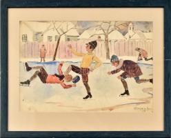 Vajda Ferenc (1892-?): Korcsolyázók. Akvarell, ceruza, papír, jelzett. Üvegezett, kissé kopott fa ke...