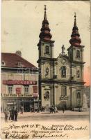 1904 Wien, Vienna, Bécs; Mariahilfer Kirche, K.k. Hofatelier Pokorny, Ernst Winkler Luster-Erzeuger, Apotheke zur Mariahilf / church, shops, pharmacy (r)
