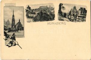 Nürnberg, Nuremberg; Burg, Schöner Brunnen u. Frauenkriche, An der Pegnitz, Synagoge / castle, church, synagogue. Floral (small tear)