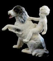 Pirkenhammer porcelán kutya figura fiúval, lepattanással, m: 12 cm