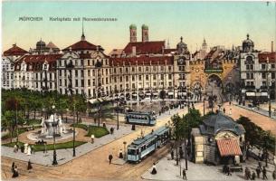 München, Munich; Karlsplatz mit Nornenbrunnen / square, trams, fountain