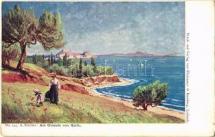 Corfu, Corfou, Kerkyra; Am Gestade von Korfu / beach. Druck und Verlag v. Kleinmayr & Bamberg No. 144. s: A. Kircher (EK)