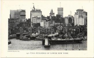 New York, Tall buildings of Lower New York, port, steamship, quay. Blanchard Press