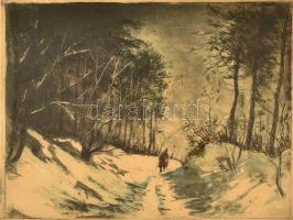 Élesdy István (1912-1987): Havas út. Színezett rézkarc, papír, jelzett, lap széle sérült. Üvegezett, kopott fa keretben. 27×34 cm