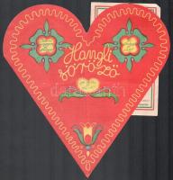 1938 Hangli söröző érdekes szív alakú étlap és napi menü kártya. 25 cm