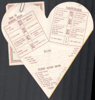 1938 Hangli söröző érdekes szív alakú étlap és napi menü kártya. 25 cm