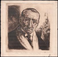 Udvary Pál (1900-1987): Kopits János (1872-1944) festő, szobrászművész portréja, 1920. Rézkarc, papír, jelzett. Lap alján kisebb foltokkal. 25x25 cm.