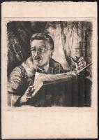 Udvary Pál (1900-1987): Kopits János (1872-1944) festő, szobrászművész portréja. Rézkarc, papír, jelzés nélkül. Lap alján és szélén apró foltokkal. 25x25 cm.