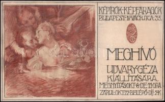 Udvary Pál (1900-1987): Meghívó Udvary Géza kiállítására (terv). Kréta, papír, jelzett. Kétoldalas mű, hátoldalán női akt. 25x41,5 cm