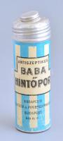 Antiszeptikus Baba hintőpor alumínium doboz, Budapesti Illatszer és Pipereszappangyár, kopott, kis horpadásokkal, rászorult tetővel, h: 15,5 cm