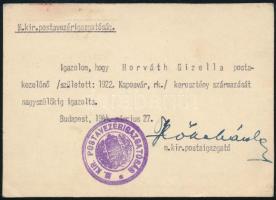 1944 M. Kir. Postaigazgatói igazolás postakezelőnő részére, hogy keresztény származását nagyszülőkig igazolta, 1944. március 27, 7x10 cm