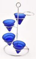 Fém gyertyatartó állvány, 4 db kék üveg gyertyatartóval (1 db hiányzik), kopásnyomokkal, m: 30 cm