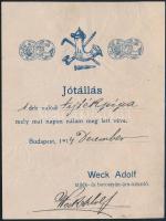 1914 Weck Adolf tajték- és borostyán-áru-készítő tajtékpipa jótállása, 1914. dec., aláírással, a hátoldalon Weck Adolf reklámjával, 14x11 cm