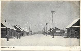 Baranavichy, Baranowitschi, Baranovichi, Baranawitschy, Baranowicze; Poststra sse. / street view in winter, post office, German soldiers (EK)