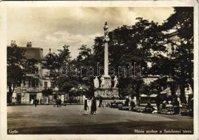 1930 Győr, Mária szobor a Széchenyi téren, piac, háztartási bolt, Jankovits Ferenc Győri Gőzmalma liszt raktára, magkereskedés, üzletek