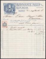 1913 Benyovits Adolf budapesti bútoráruház fametszetes fejlécű, okmánybélyeges kitöltött számlája, hajtva, jó állapotban