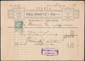 1895 A körmendi Neu Ignátz és Fia szövet és rövidáru cég (az izraelita templom átellenében) okmánybélyeges kitöltött, pecsételt számlája, hajtva