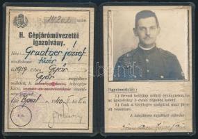 1940 Gépjáróművezetői fényképes igazolvány (jogosítvány), tüzér katona részére