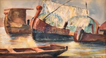 Rozs János (1901-1987): Vízpart hajókkal. Akvarell, papír, jelzett, üvegezett keretben, 22×33 cm