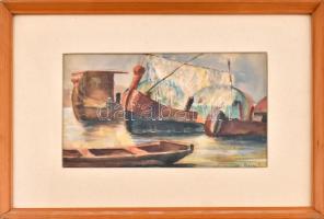 Rozs János (1901-1987): Vízpart hajókkal. Akvarell, papír, jelzett, üvegezett keretben, 22×33 cm