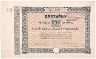 Budapest 1910. Saját Otthon Részvénytársaság részvénye 200K, szelvényekkel, felülbélyegzéssel T:II
