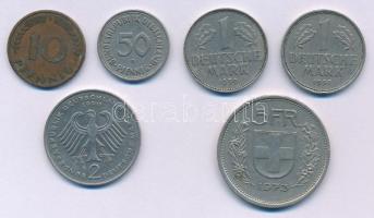 Vegyes: NSZK 1950-1990. 10pf + 50pf + 1M (2xklf) + 2M + Svájc 1973. 5Fr T:2,2- Mix: FRG 1950-1990. 10 Pfennig + 50 Pfennig + 1 Mark (2xdiff) + 2 Mark + Switzerland 1973. 5 Francs C:XF,VF