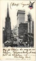 1899 New York, Lower Broadway, Trinity church, trams. Arthur Strauss Publisher No. 40. Art Nouveau, coat of arms (EK)
