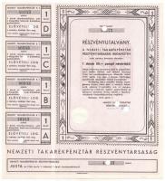 Budapest 1946. Nemzeti Takarékpénztár Részvénytársaság részvényutalványa 50P-ről + 1946. Nemzeti Takarékpénztár Részvénytársaság részvényutalványa öt darab részvény egyben, egyenként 50P-ről, mindkét utalvány lyukasztással érvénytelenítve T:II