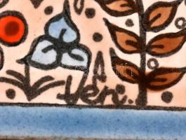 Vén Edit (1937-): Lány a virágok között. Zománcfestett csempék, 3 db, fa keretben, alsó csempén jelz...