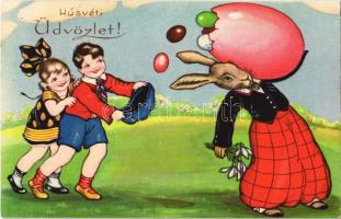1936 Húsvéti üdvözlet! / Easter greeting art postcard, rabbit with eggs. Amag 0391.
